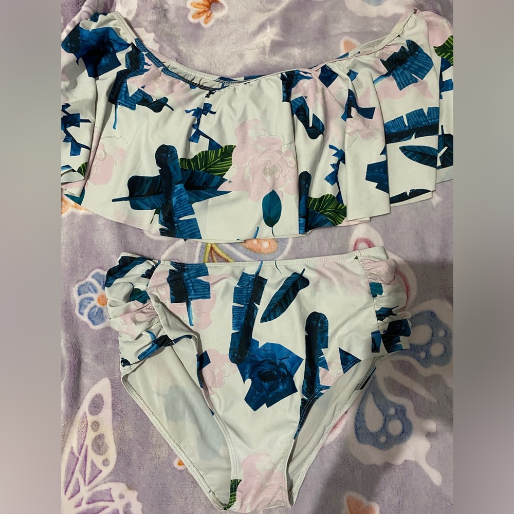 White,Dark blue & Pink High waisted off the shoulder swimsuit Size large 14-16